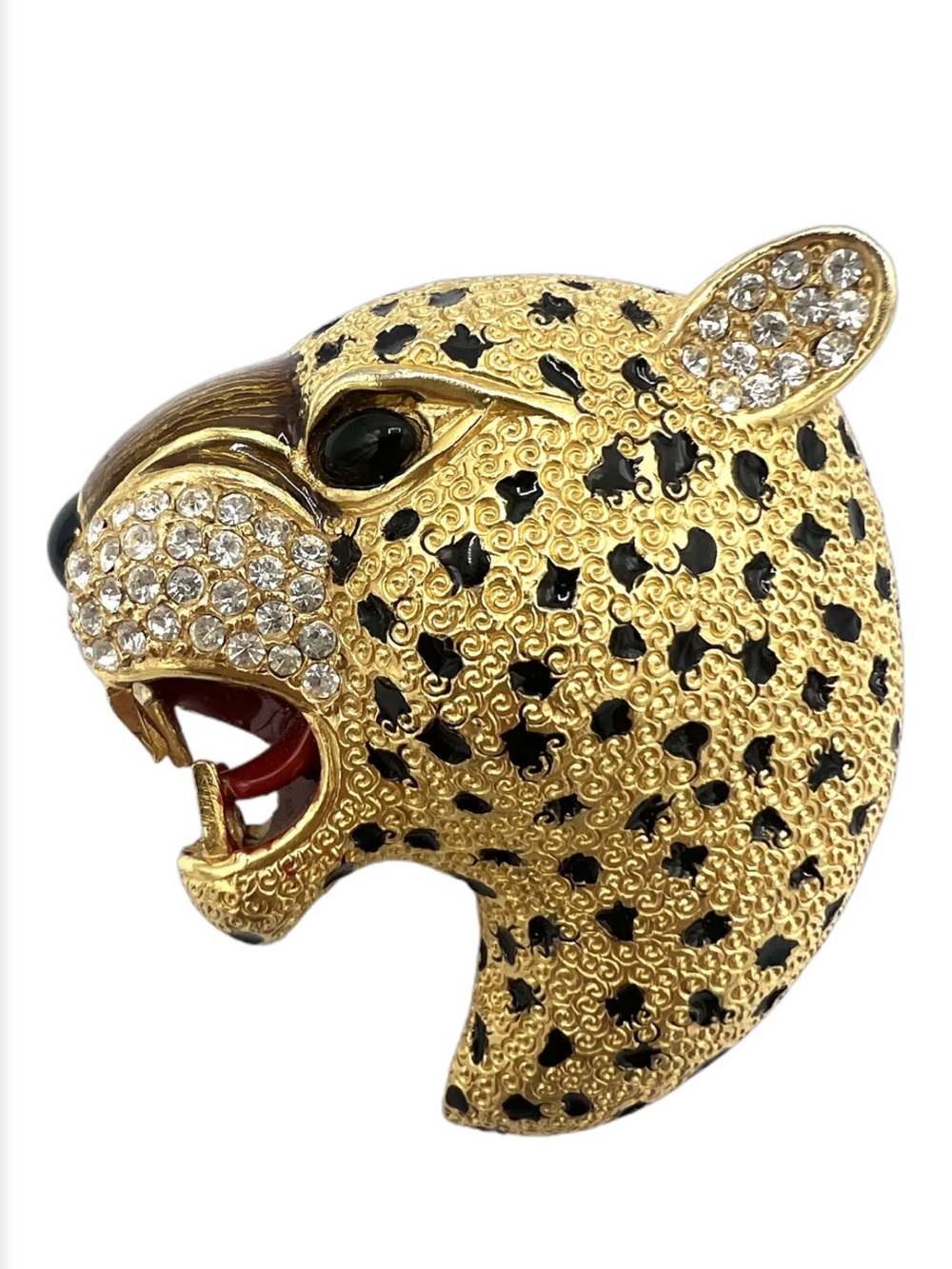 Signed Ciner Leopard Panther Head Brooch with Enamel & Pave Detail